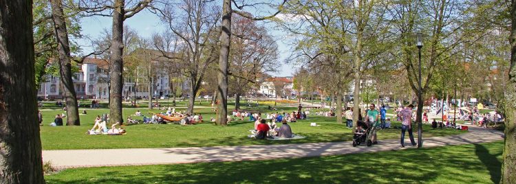 Viele Lautrer und Touristen sonnen sich auf den Wiesen des Stadtparks. Ob bei einem guten Buch, Musik oder auf dem Spielplatz, hier ist das volle Leben.
