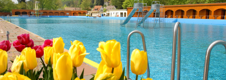 Frühlingshafte Tulpen umrahmen das noch geschlossene Freibad. Die große Wasseroberfläche kräuselt sich leicht im Wind.