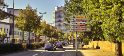 Man blickt die Rudolf-Breitscheid-Straße hinunter in Richtung Rathaus. Mehrere Autos und ein Bus fahren auf dieser Straße über eine grüne Ampel. Direkt vor dem Betrachter steht eine Bushaltestelle.