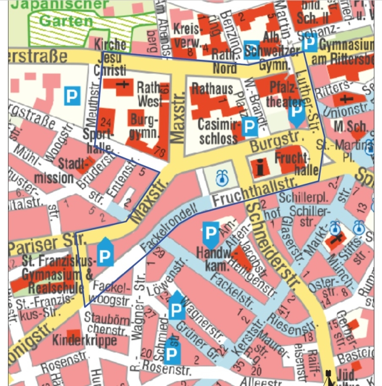Eine Karte der Innenstadt mit der Abgrenzung der Verbotszone. © Stadt Kaiserslautern