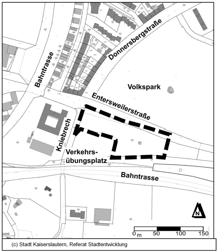 Die Graphik zeigt die Abgrenzung des Bebauungsplanentwurfs Entersweilerstraße- Kniebrech. © Stadt Kaiserslautern
