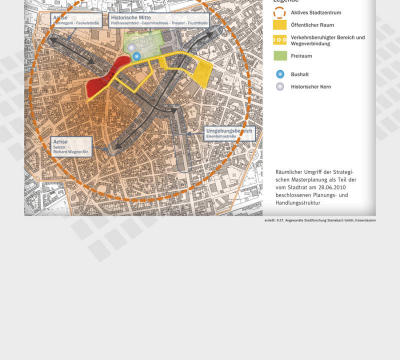 In einem Stadtplan von kaiserslautern wurde das aktive Stadtzentrum eingekreist, sowie die öffentlichen Räume (z.B. der Stiftsplatz), sowie verkehrsberuhigte Zonen (Pariserstraße)und grüne Freiräume. 