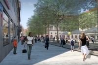 Ein Entwurfsbild. Man steht auf dem Schillerplatz und blickt Richtung Fruchthalle. Der Springbrunnen und die grünen Baumalleen vermitteln ein idyllisches Einkaufsgefühl. 