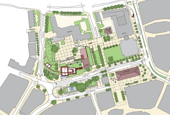 Übersicht über den Rathausvorplatz, Kaiserpfalz, Fruchthalle und Pfalztheater.  © Meckler + Partner, Kaiserslautern 