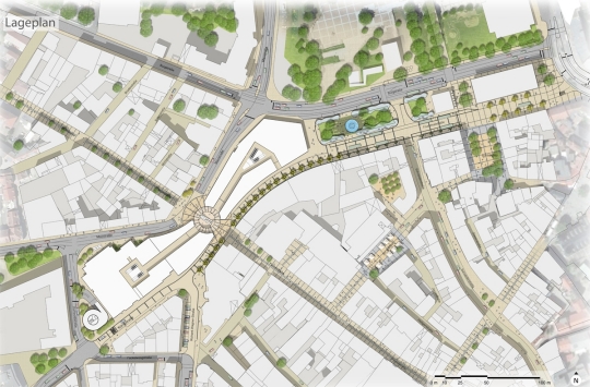 Der Lageplan der neuen Mall. Man sieht das Gebäude von oben, so z.B. die Rotunde, die die Fußgängerzonen verbindet. © ECE 