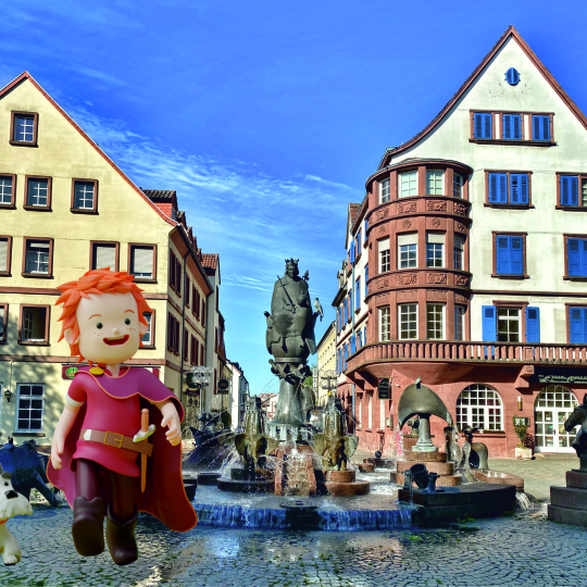 Klein Friedrich und sein Hund Ted vor dem Kaiserbrunnen.