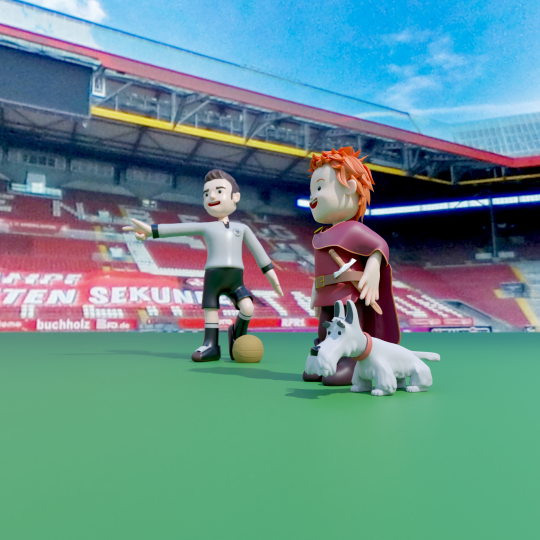 Klein Friedrich, sein Hund Ted und Fritz Walter auf dem Rasen im Fritz-Walter-Stadion.