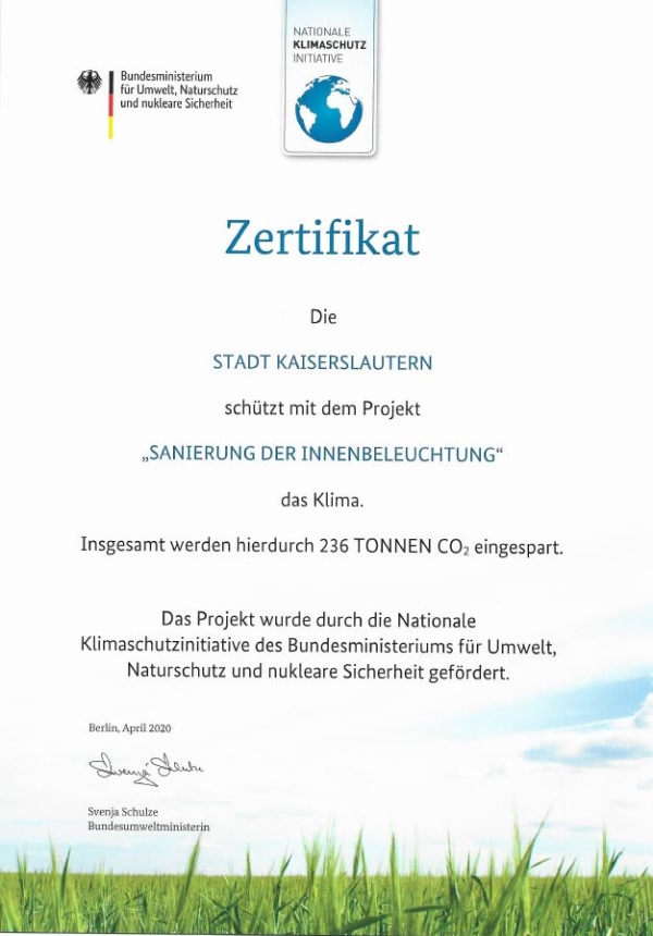 Zertifikat für die Stadt Kaiserslautern vom Bundesministerium für Umwelt, Naturschutz und nukleare Sicherheit 