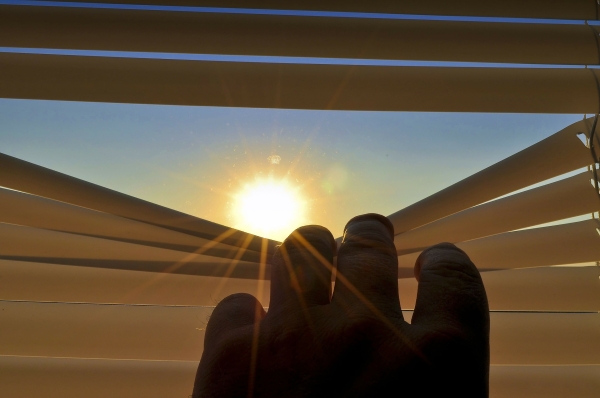 Geschlossene Jalousie,mit Hand, die die Lamellen auseinanderzieht. Die Sonne scheint durch.