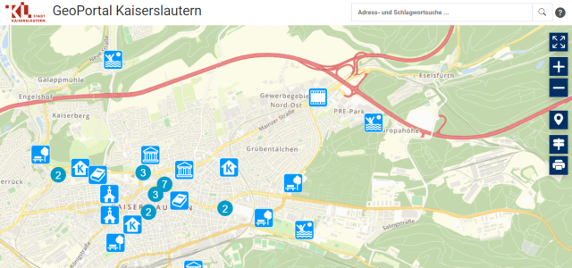 Ausschnitt des Stadtplans mit kühlen Orten im Geoportal der Stadt.