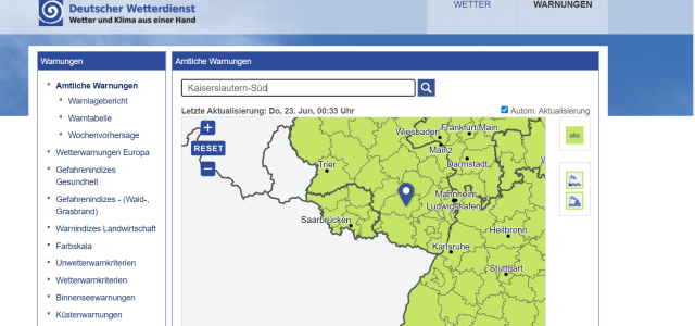 Ausschnitt DWD-Website