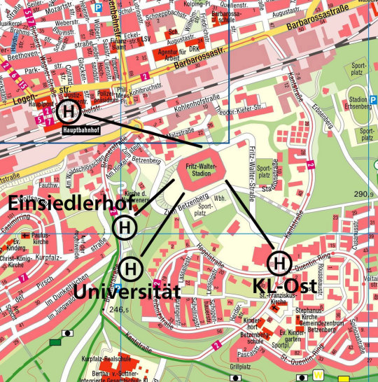 Kartenausschnitt mit den P+R Haltestellen am Stadion © SWK
