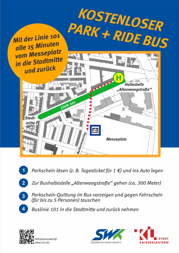 Plakat mit Informationen zum Park + Ride-Bus vom Messeplatz in die Stadtmitte