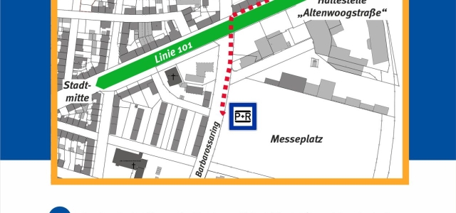 Plakat mit Informationen zum Park + Ride-Bus vom Messeplatz in die Stadtmitte