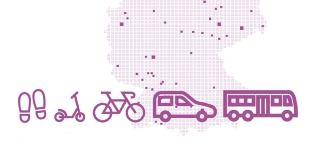 Die Graphik zeigt Schuhabdrücke, Roller, Fahrrad, Auto und Bus