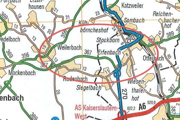 Karten mit Kreis um den Bereich, in dem die Pendlerradroute verläuft.